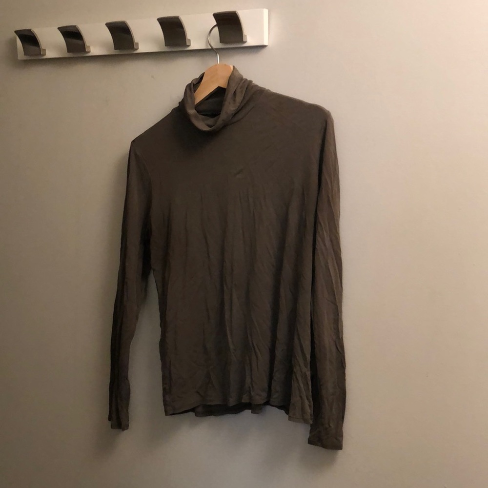Eileen Fisher 100% silk military green turtleneck blouse
